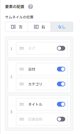 要素の配置。同じ行（2）に入れた日付とカテゴリは横に並び、タイトルは次の行（3）に表示されます